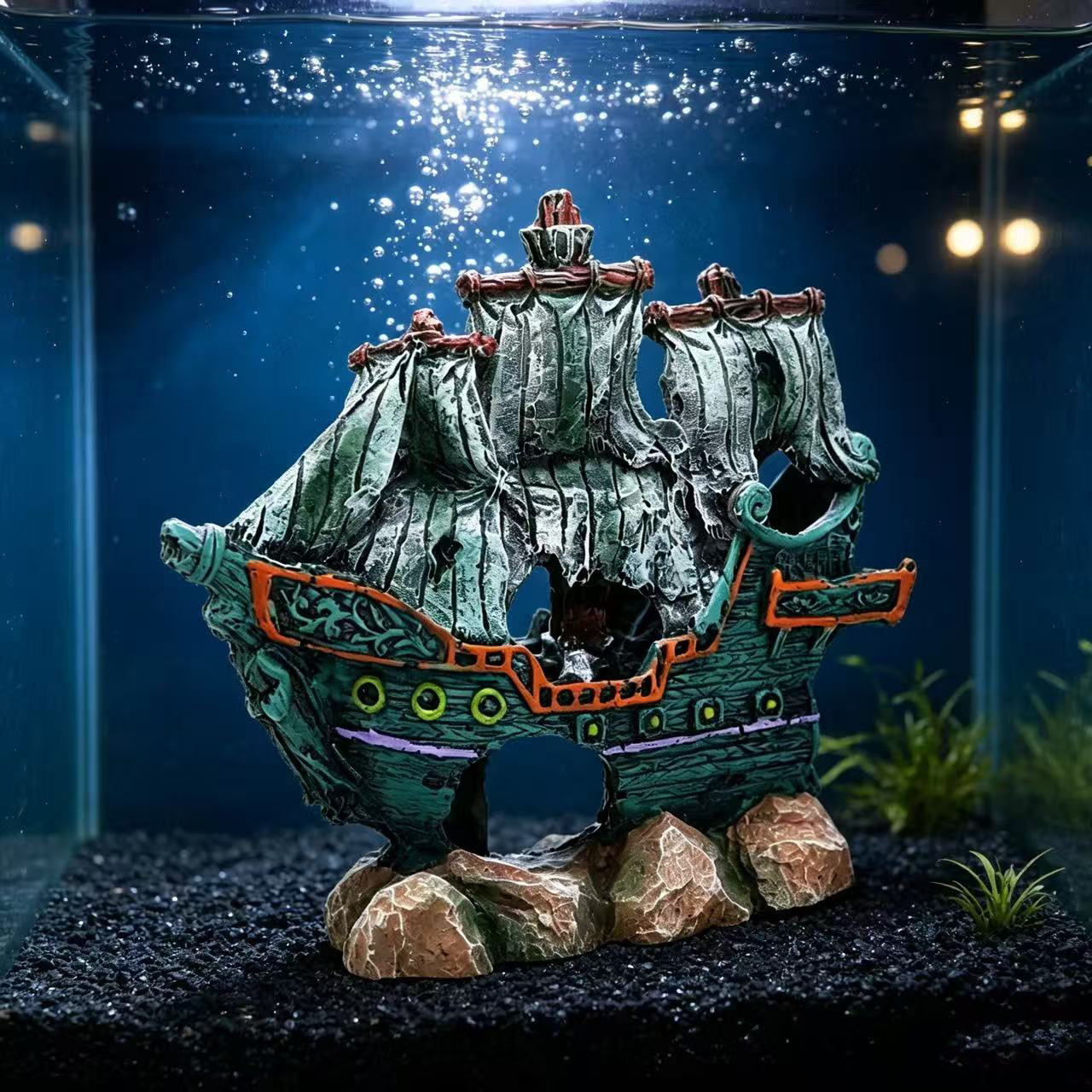 Aquarium Marina - Aquarium Visbak Landschap Zeilboot Wrak Schip